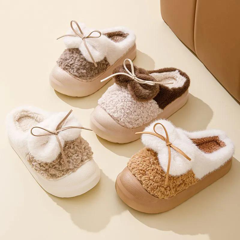 WTEMPO Soft Plush Women's Autumn Winter Bow Slippers Couple Thick Heel Non-slip Indoor Warm Cotton Slippers