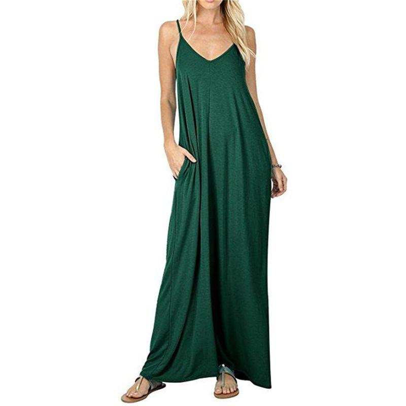 Women's Solid Color Loose Pocket Long Skirt Pure Color Loose Pockets Long Dress