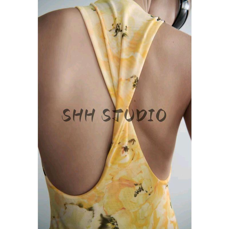 Summer New Product Women's Clothes French Round Neck Sleeveless A- Line Printed Silk Net Long Midi Skirt Dress 5039627