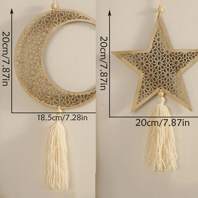 Ramadan Wooden Hanging Ornament Moon And Star Hollow Wall Decor With Tassel Eid Mubarak Muslim Decor Ramadan Kareem Gift