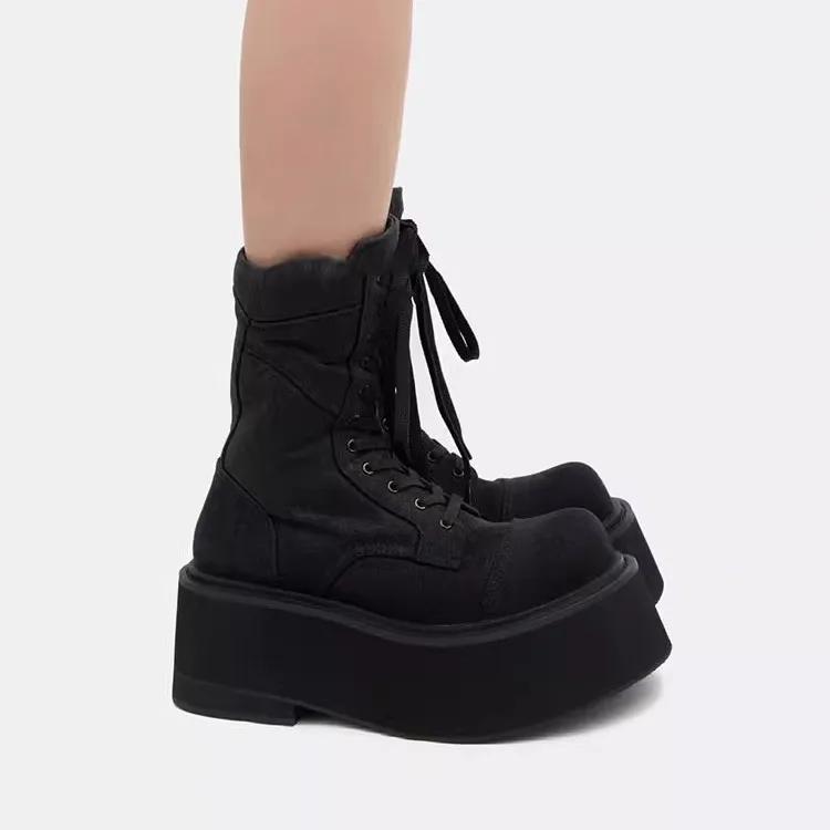 NEW Classics Chelsea Boots Women Black Ankle Boots Autumn Winter Shoes Leather Platform Short Boots Slip On Elastic Band
