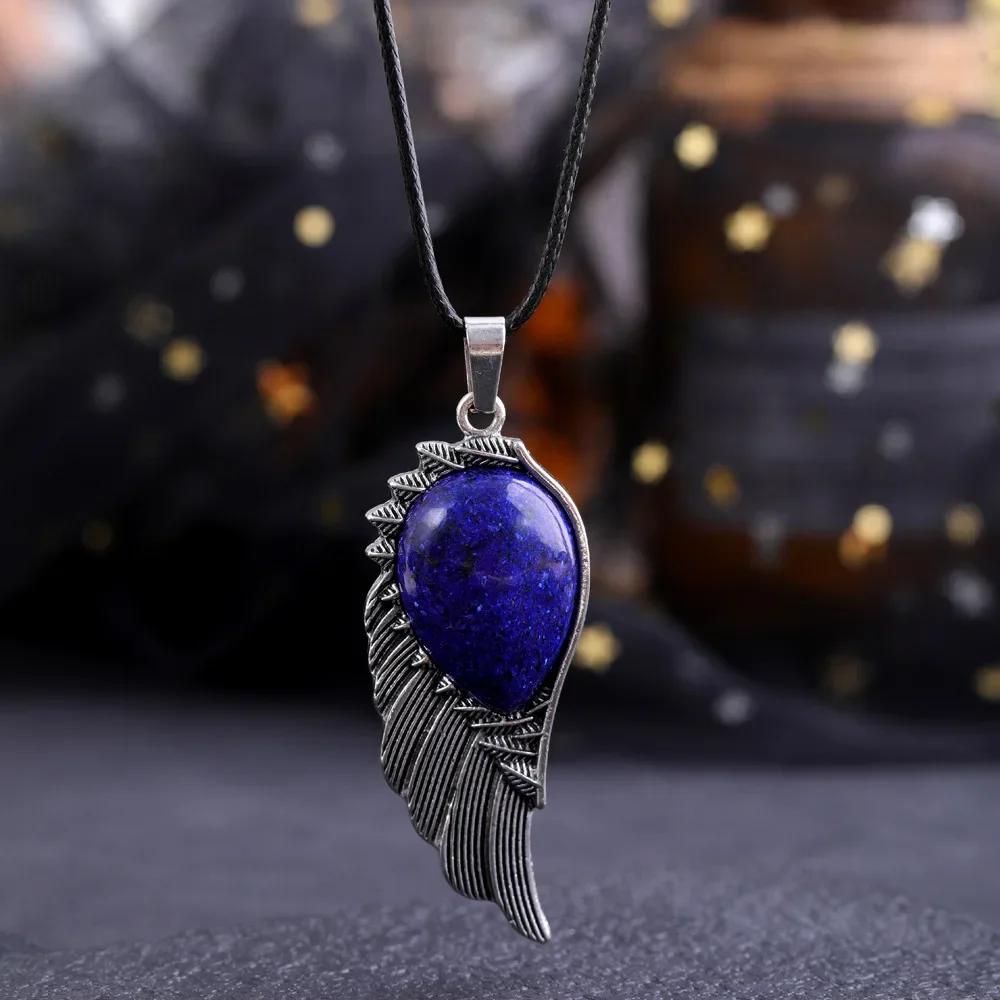 Natural Crystal Necklace Angel Single Winged Pendant Natural Gem Necklaces Jewelry Healing Stone Necklaces for Women Angel Wings