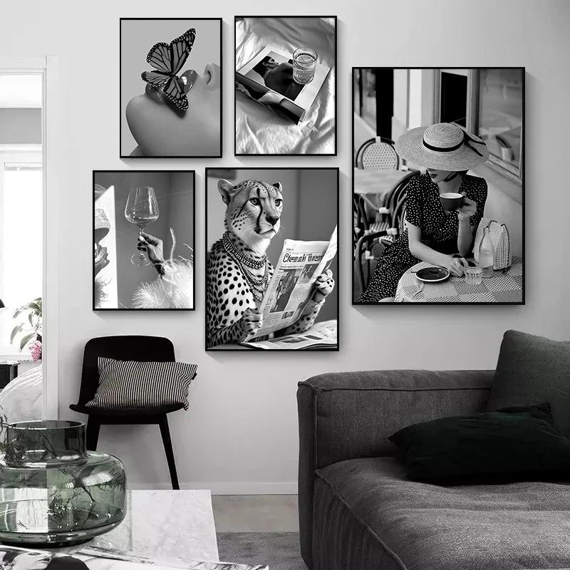 Modern Black White Fashion Women Doberman Spaniel Champagne Luxury Poster Canvas Paintings Wall Art Pictures Home Decor
