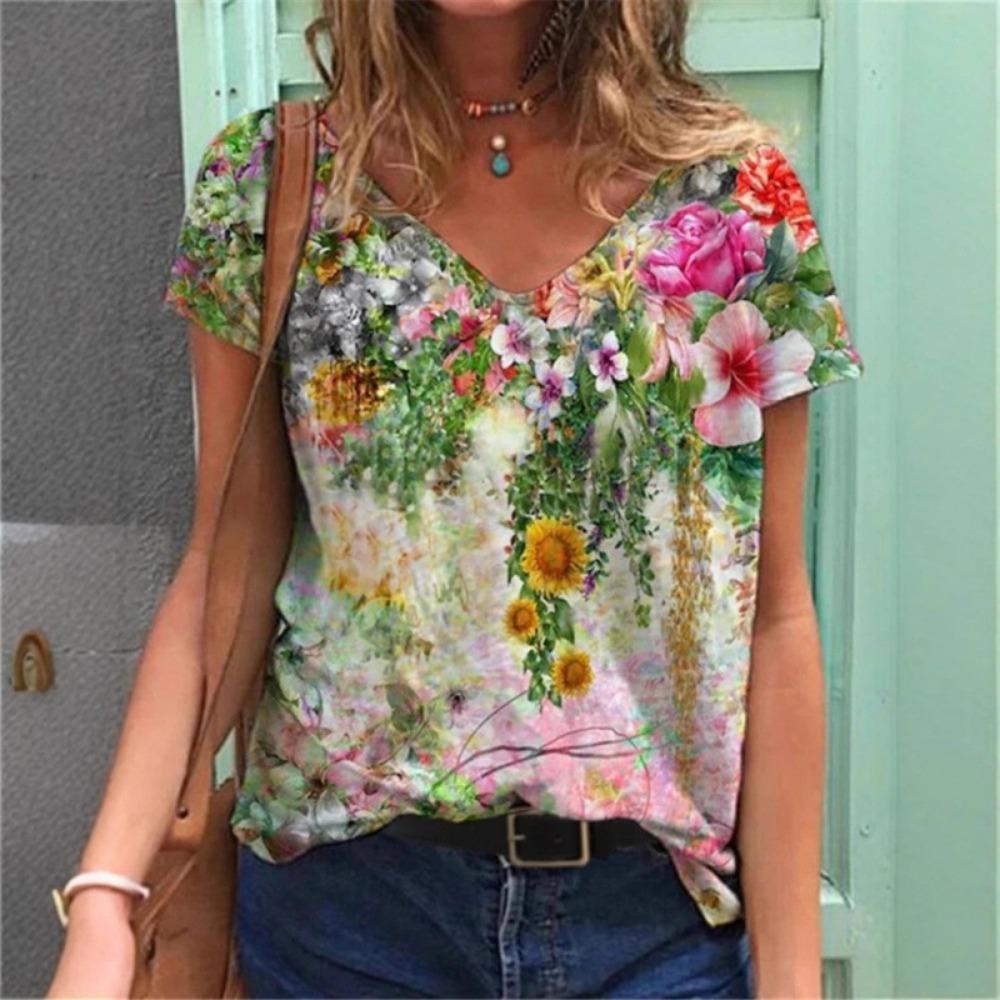 Summer Fashion 3D Floral Print Women's Loose V-neck Short Sleeved T-shirt