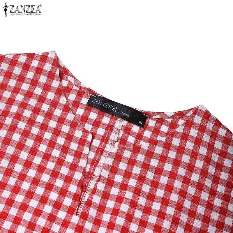 ZANZEA Women Casual V-neck Summer Grid Print Short Sleeve Dress