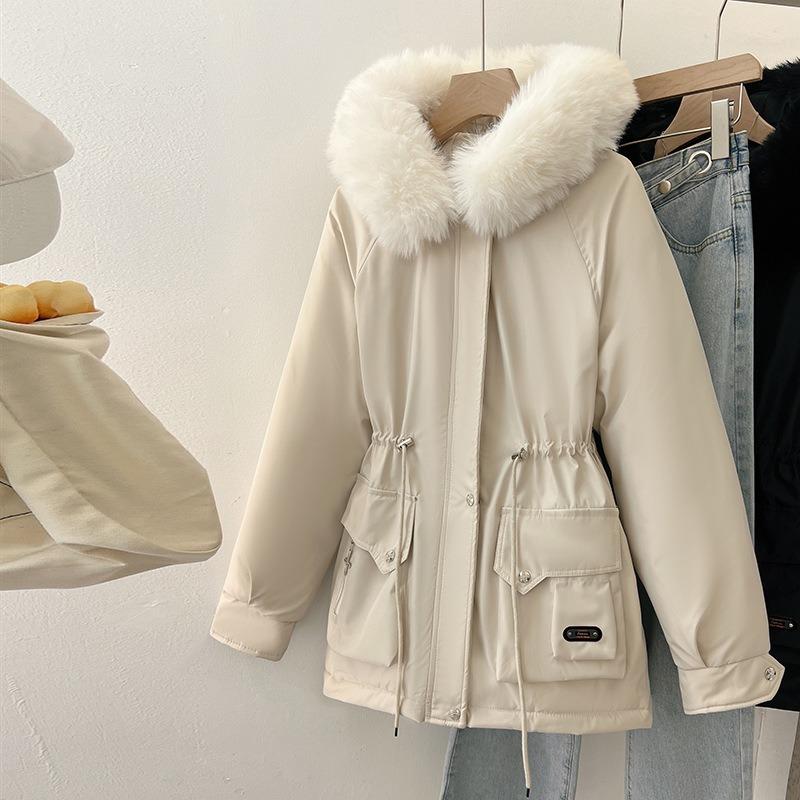 Big Fur Collar Hooded Down Cotton-padded Jacket for Women's Winter Velvet Thickened Cotton-padded Jacket with Waist and Thin Cotton-padded Jacket