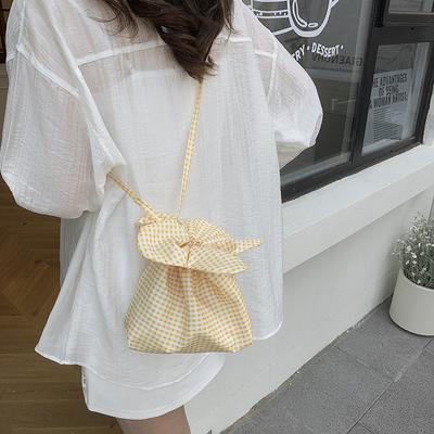 Koreanische Karoblumen-Stickerei Tasche Damen 2025 Neu Lässig Kordelzug Canvas Tasche Pendler Schulter Crossbody Eimer Tasche