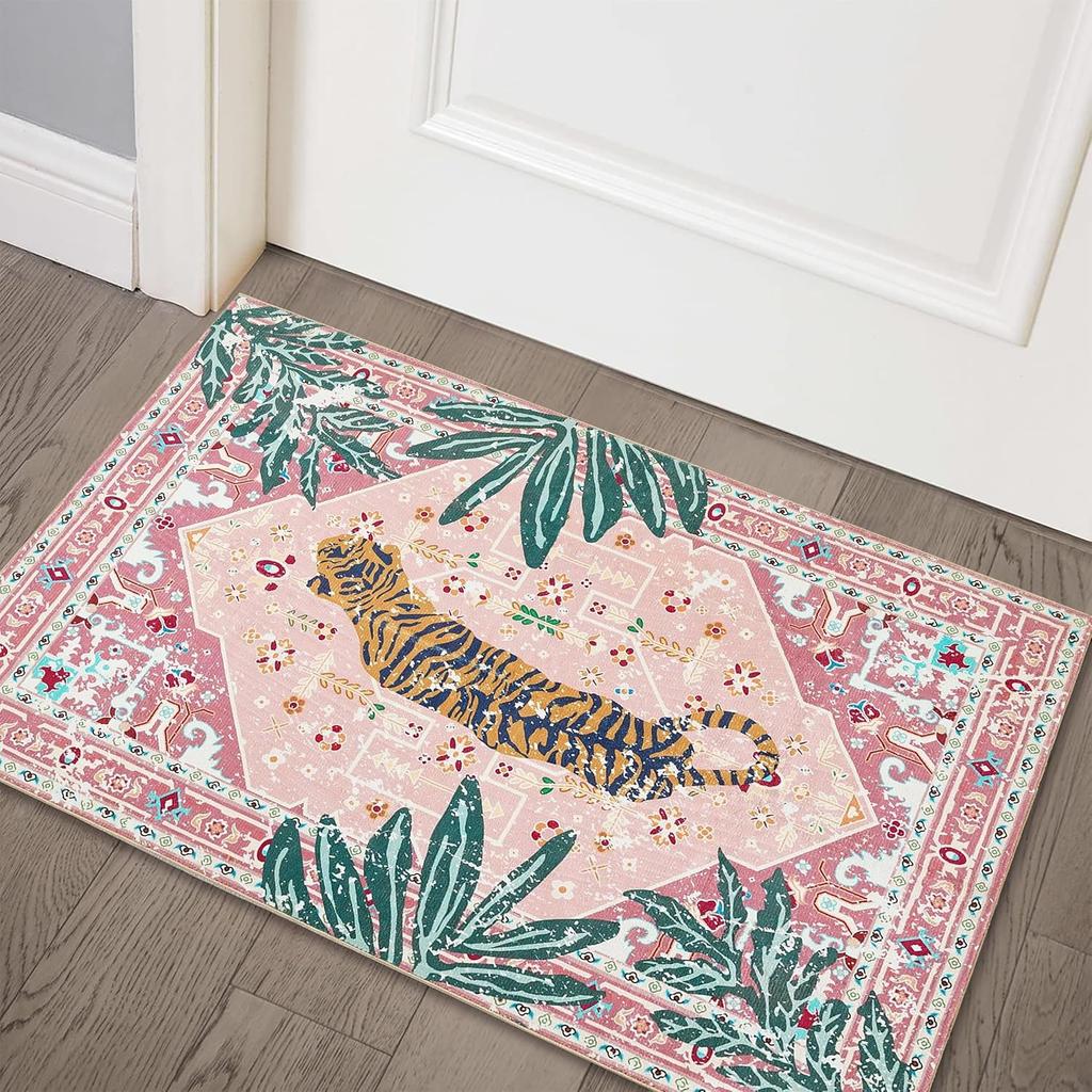 Door Mat Pink Background Tiger & Tropical Palm Leaf Pattern Carpet Non Slip Print Entryway Rug for Boho Home Decoration