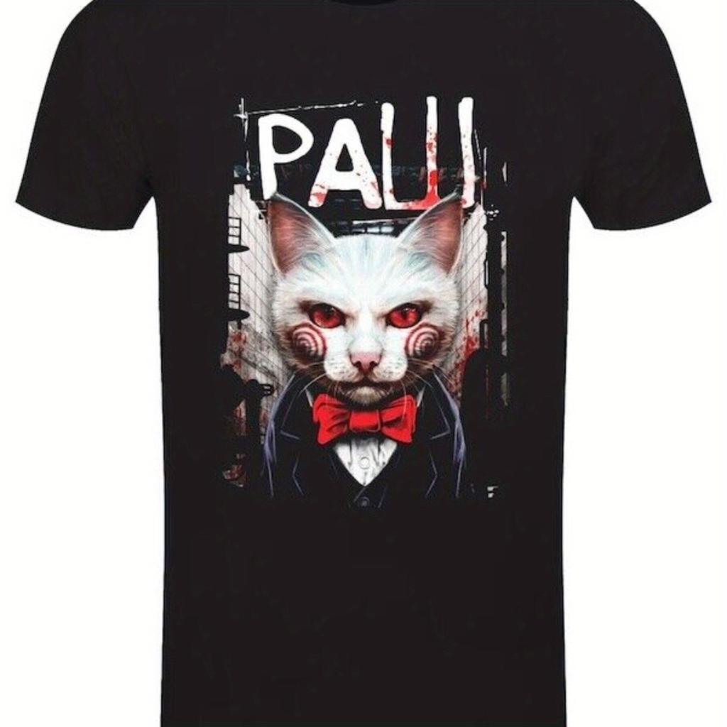 PAW SAW Černé Těžké Unisex Tričko s Kulatým Výstřihem Hororový Film pro Milovníky KočekOblečení pro Pár 2025 Oblečení pro Pár