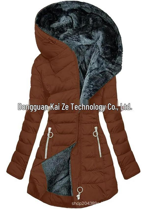 Mid-Length Slimming Hooded Jacket - Women's Thickened Cotton with Velvet Lining
