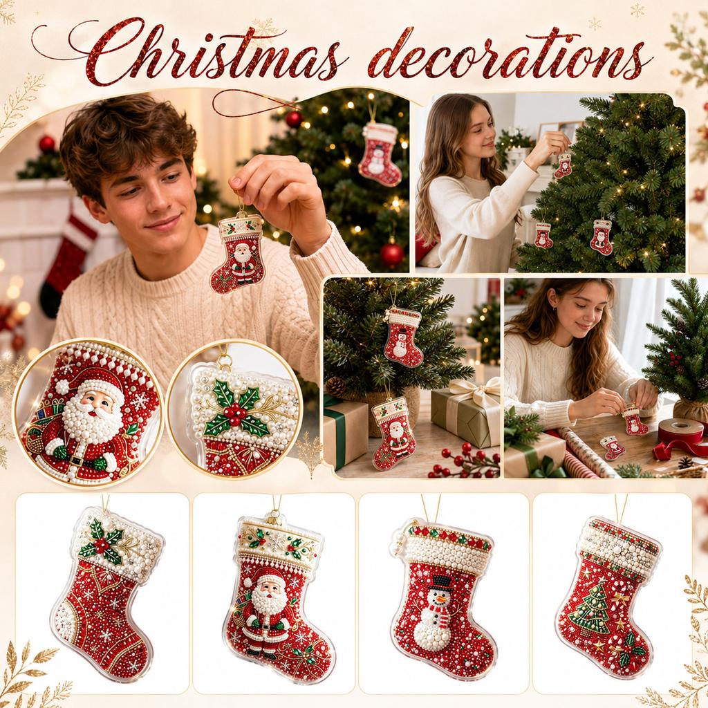 Christmas Stocking Ornament, Flat Hanging Decoration for Christmas Tree Wreath Mantel