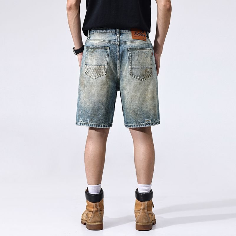 New Retro Ripped Denim Shorts Men's Summer Thin Five-point Pants Casual Mid-sized Pants