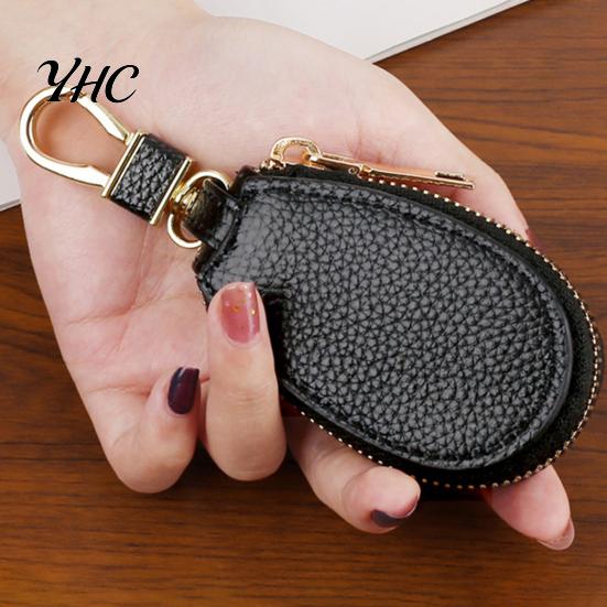 Car Key Holder Faux Leather Case with Hanging Buckle Keyring Chain Portable Fob Remote Zipper Bag Protector Pouch Wallet Cover