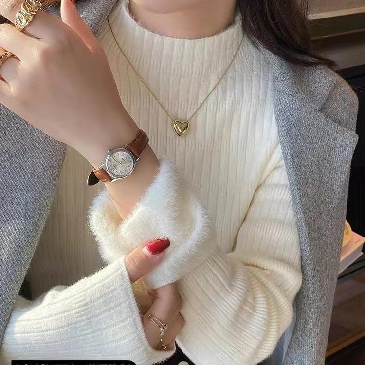 Semi-turtleneck velvet warm inner knitted sweater women's autumn and winter new simple slim long-sleeved versatile integrated velvet base