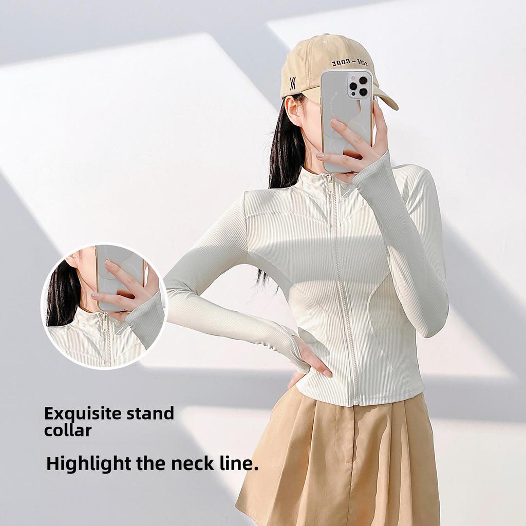 Juyitang Women's Slim-Fit Striped Yoga Jacket – Long Sleeve, Elastic, Ribbed, and Lightweight