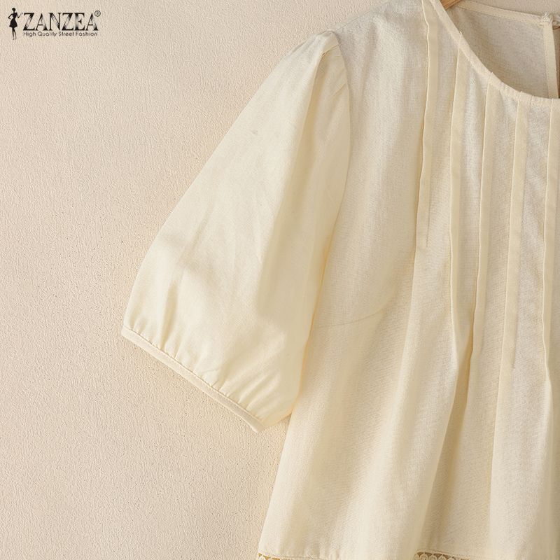 ZANZEA Damen Freizeit Rundhals Sommer Kurzarm Baumwollbluse