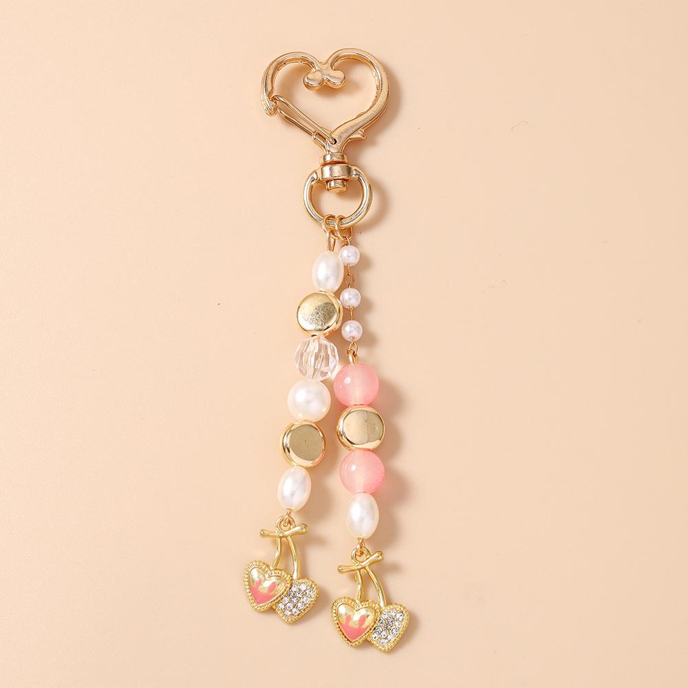 

Cute Love Heart Cherry Keychain Women Girls Crystal Pearl Beaded Key Ring Pendant for Handbag DIY Key Chain Jewelry Gift