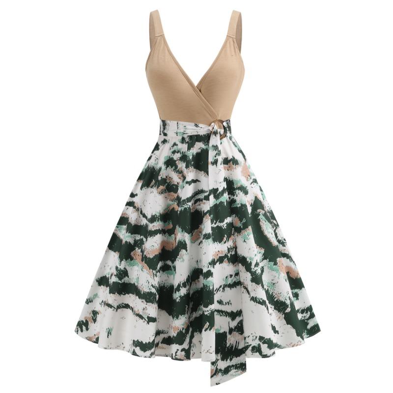 

Слинг с глубоким V-образным вырезом, юбка-маятник с ретро-принтом, длинный пояс, облегающий крой XXL