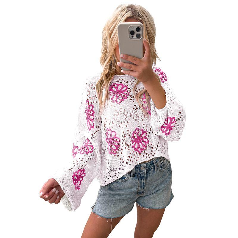 

2025 Winter New Flower Print Pullover Knit Women European and American Personality All-matching Hollow Crop Sweater Women White P1 XL code fits (70.00 kg-75.00 kg