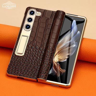 Capa de Couro para Celular Samsung Galaxy Z Fold 7 6 5 4 3 Fold6 Fold7 Revestimento Dourado Dobradiça Magnética Suporte Tampa Traseira com Película de Espelho