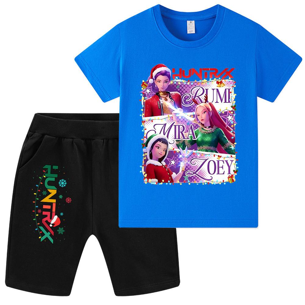 WA1265 Kids Boys Girls Kpop Rumi Zoey Mira Christmas Print Short Sleeves T-shirt Shorts Pants Sets