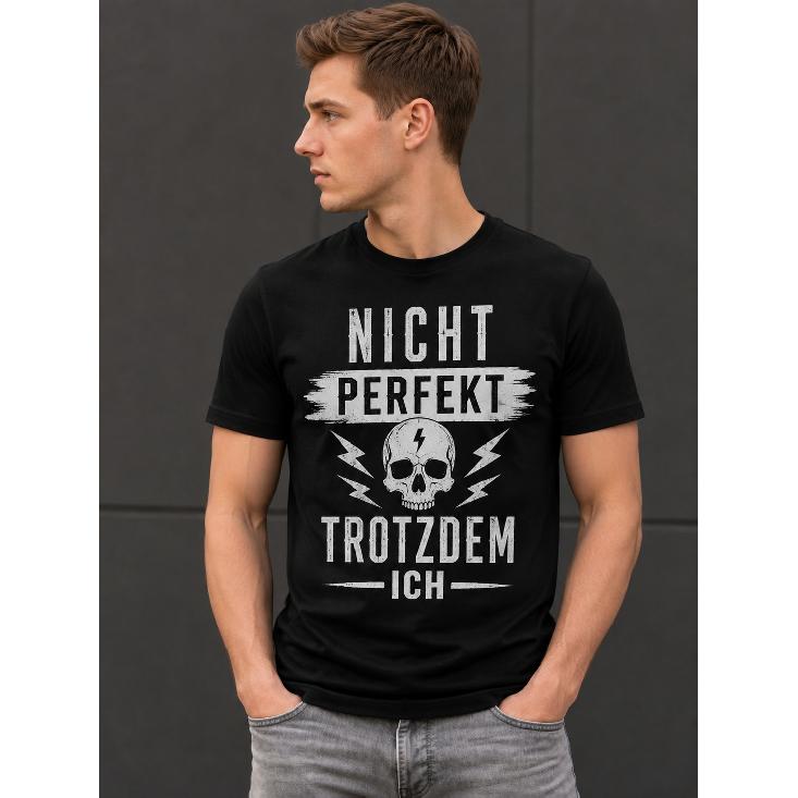 Men's black short sleeve t-shirt with skull graphic and German text, crew neck, relaxed fit, soft cotton feel, edgy streetwear style for casual daily