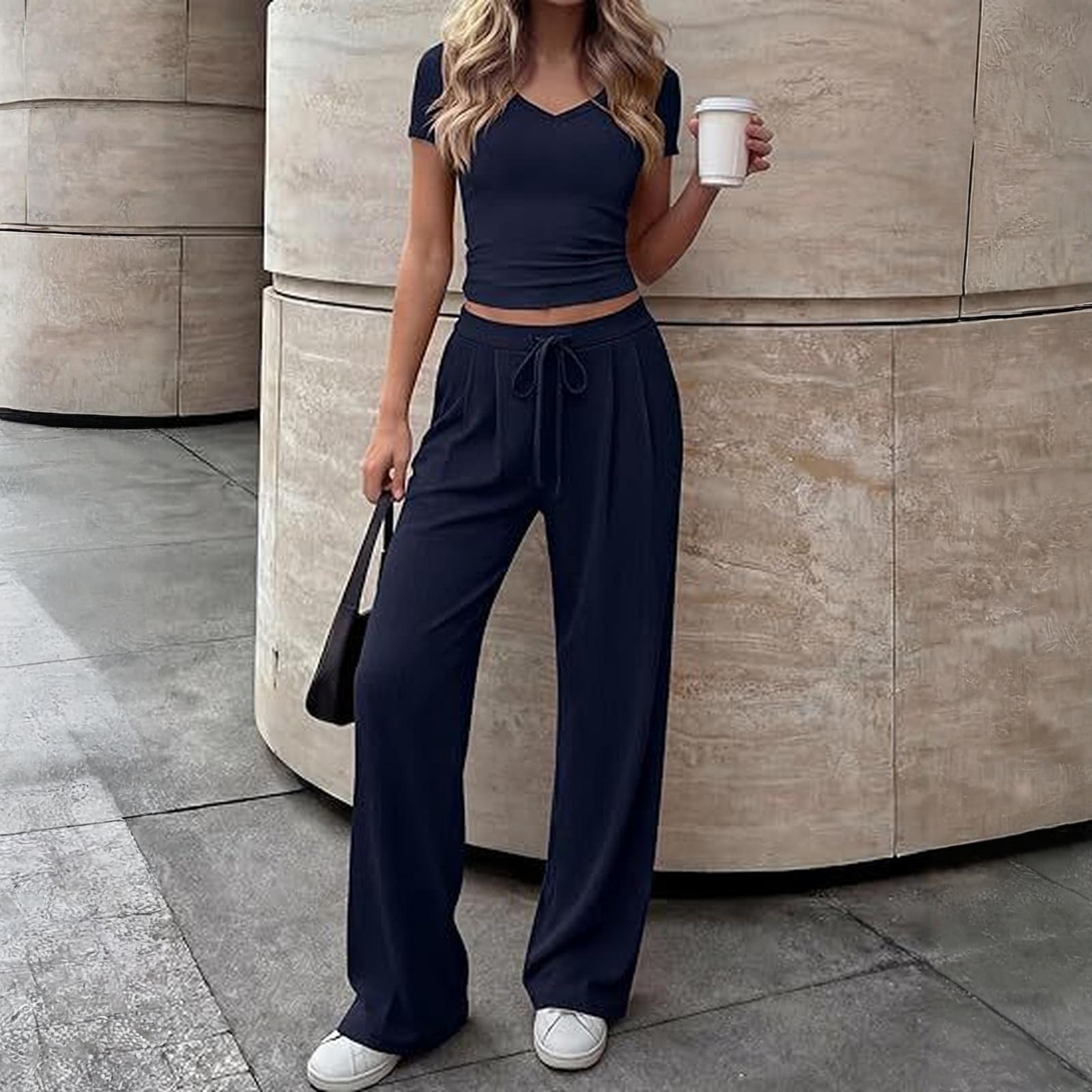 

Women s Casual Elegant V-neck Casual Top And Pants Two-Piece Set S тёмно-синий