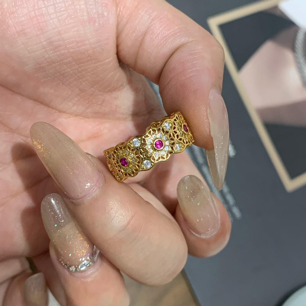 Tonglaopu Ancient Rose Window Ring Women'S Red Corundum Full Diamond Ring Cross Vajra Pestle Ring