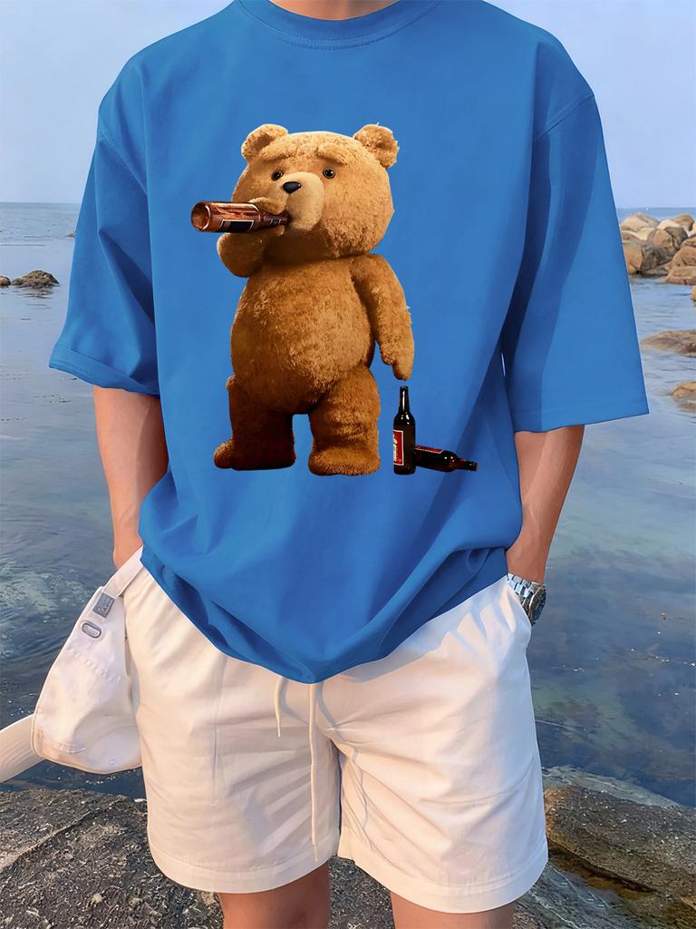The Melancholic Bear Drinking Printing TShirt Women Cotton Summer T Shirt Comfortable Loose ONeck Tops Street Woman Clothes