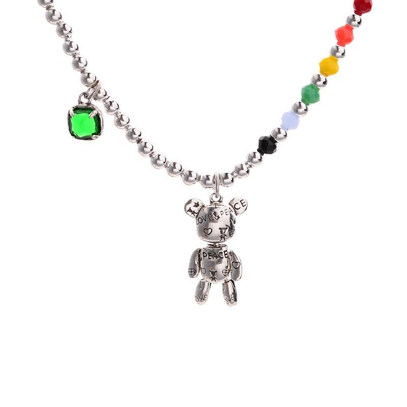 Rainbow Round Beads Bear Necklace Women'S Niche Versatile Emerald Design Light Luxury Trend Jewelry