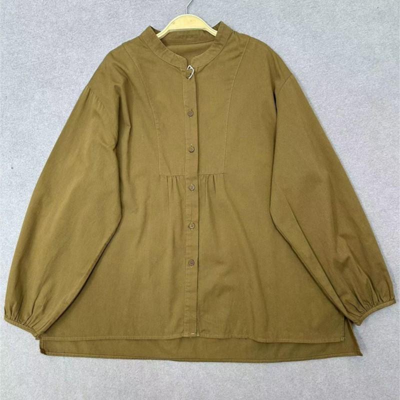 

Johnature весенние японские рубашки с воротником-стойкой, простые однотонные однобортные повседневные хлопковые рубашки для женщин One Size кофейный