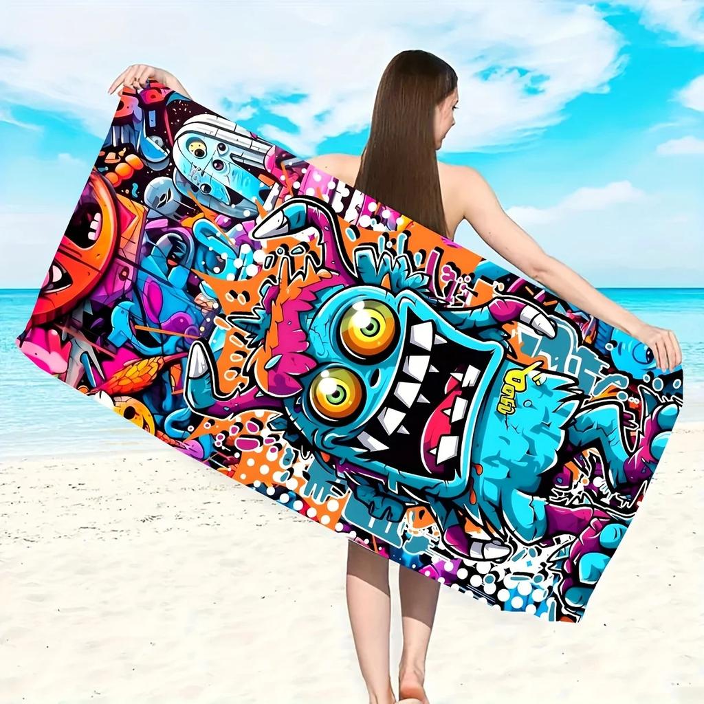 Telo da Spiaggia Graffiti Vivaci - Microfibra leggera e ad asciugatura rapida con grafiche di mostri cartoon colorati