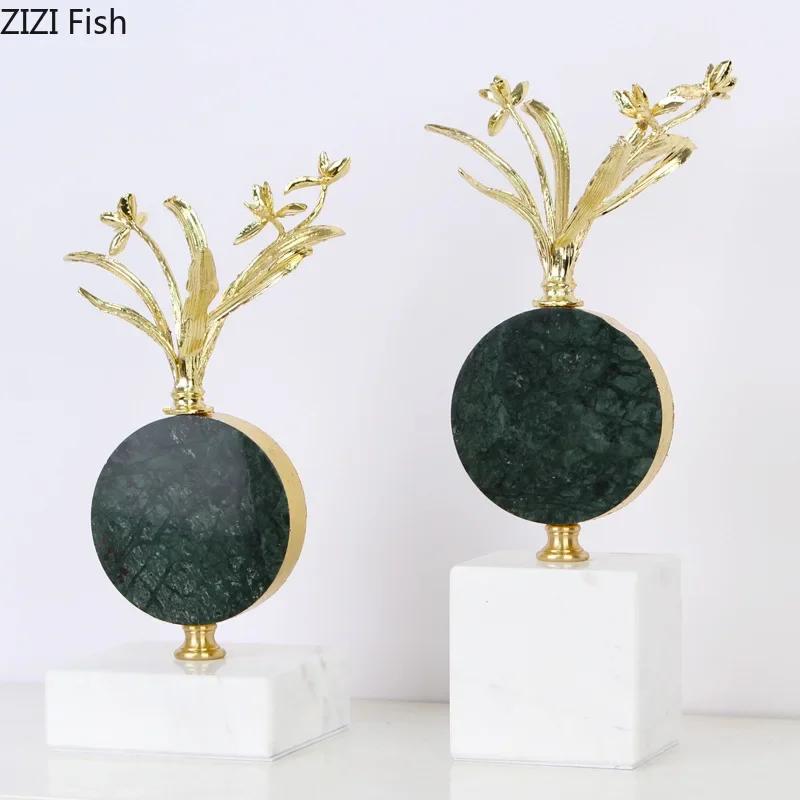 Creative Gold-plated Alloy Flower Ornaments Desk Decoration Modern Crafts Golden Flower Crystal Sculpture Room Aesthetics Decor
