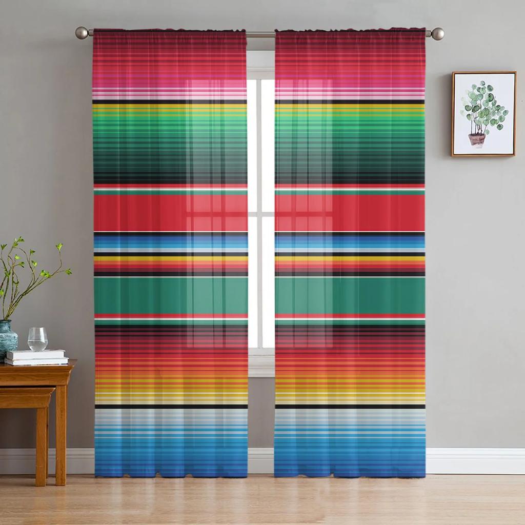 Mexican Stripes Colorful Stripes Sheer Curtains for Living Room Decoration Window Curtain Kitchen Tulle Voile Organza Drapes