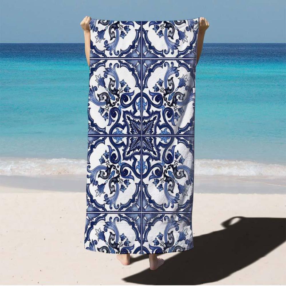 Blue Ornate Floral Mediterranean Sicilian Tile Beach Towel Summer Theme Beach Towels Suitable For Yoga Tourism Swimming Beach