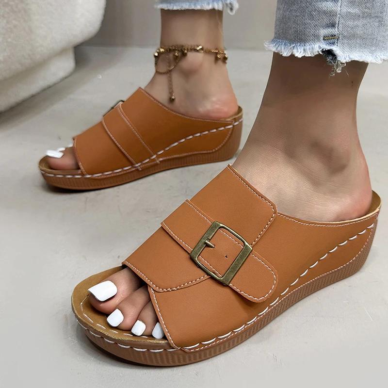 Fashion Metal Buckle Design Wedge Sandals for Women Rome Plus Size Open Toe Platform Sandal Woman Beach New Pu Leather Sandalias Mujer