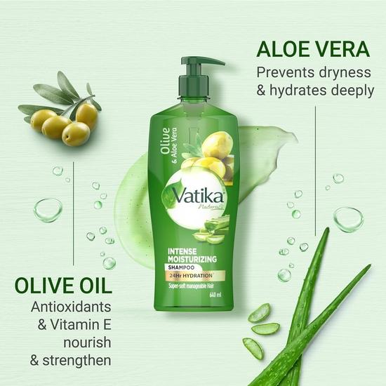 Dabur Vatika Aloe Vera & Olive Intense Moisturising Shampoo-640ml | Upto 24 Hour Hydration | With Goodness of Vitamin E | Nourishes and Strengthens