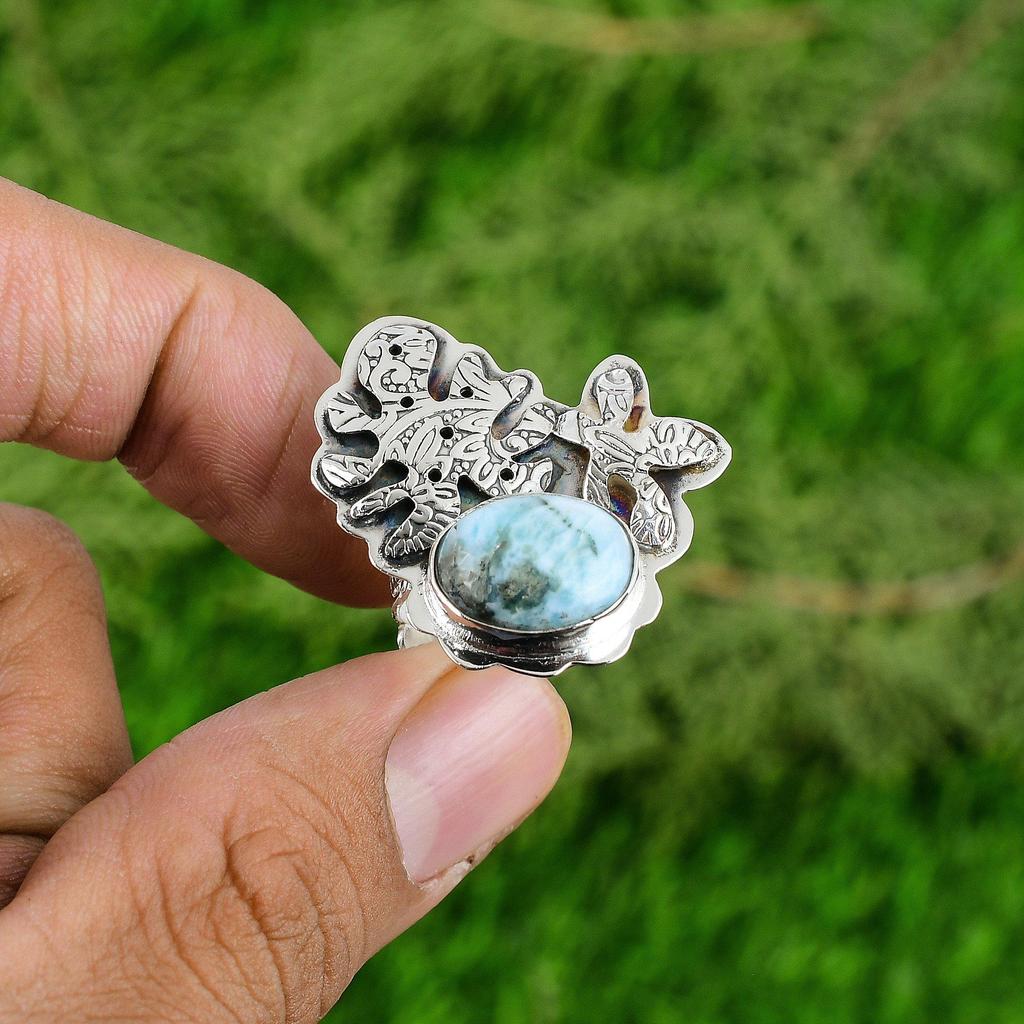 Birthday Gift For Her Natural Larimar Multi Stone Adjustable Ring 925 Silver