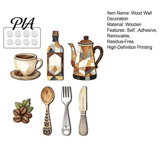 Removable Wall Decals 7Pcs Farmhouse Coffee Themed Wooden Decor, 2D Flat Kitchen Art Rustic Decor Plaques, Retro Ornaments for Home Dining Room