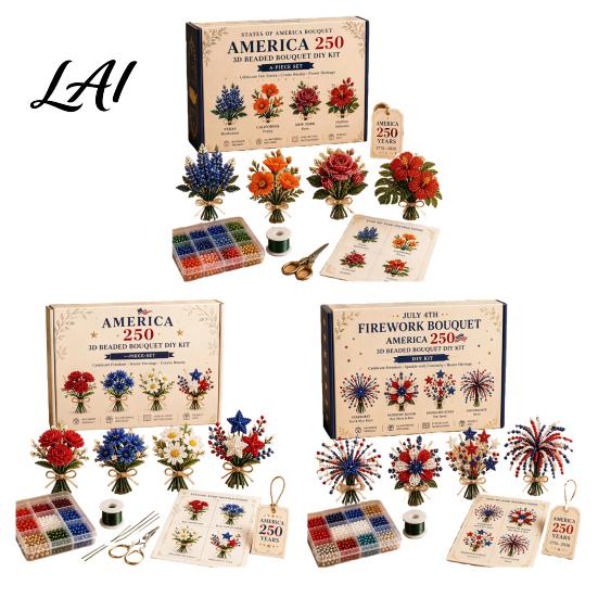Craft Hobby for Adults America 250 Beaded Bouquet DIY Kit 4th of July Patriotic Flower 3D Kit Handmade Set 1776-2026 Independence Day Making