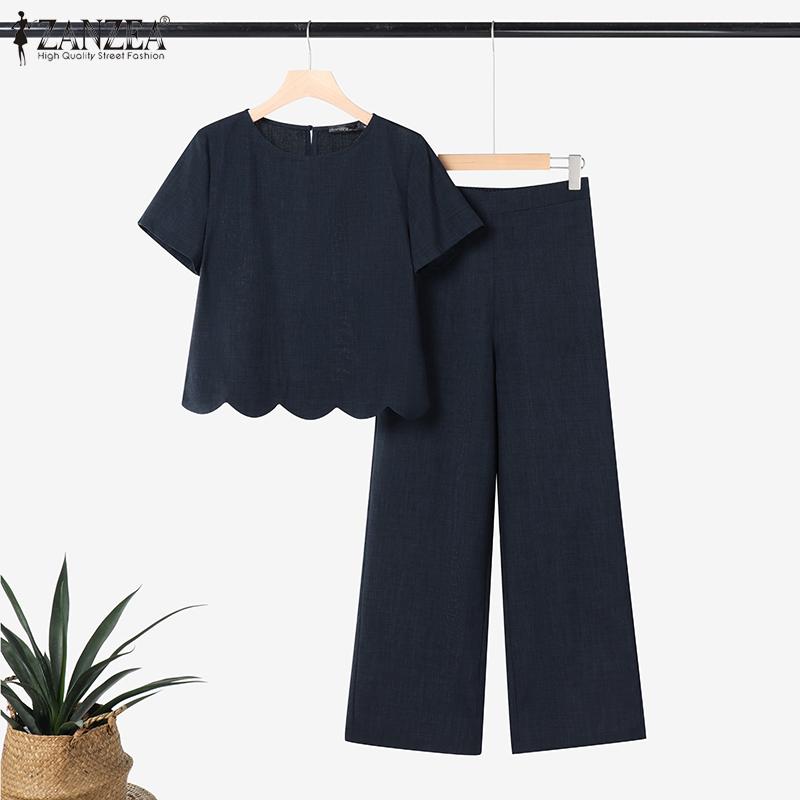 

ZANZEA Women Short Sleeve T-Shirt and Pants Casual Two Piece Suit Set L темно-синього кольору
