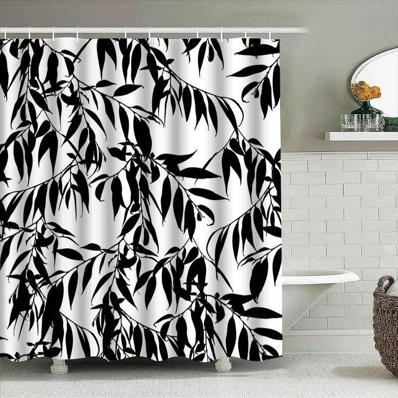 Black White Leaves Shower Curtain Bathroom Decor For Modern Bathrooms Waterproof Fabric With Hook Rings (White Bathtub)