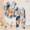Women Plus Size Two Piece Set Abstract Leaf Printed Hooded Long Sleeve Top Cuffed Pants