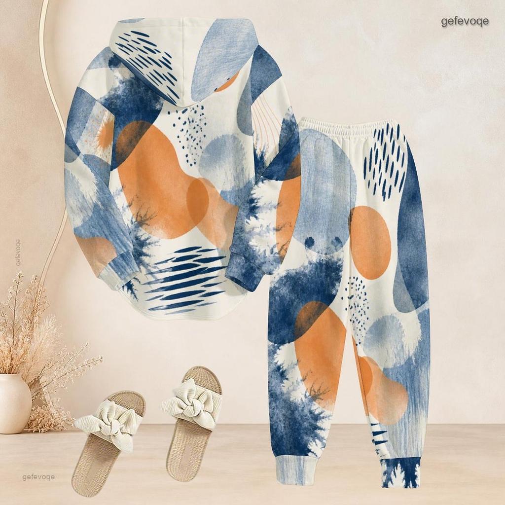 Women Plus Size Two Piece Set Abstract Leaf Printed Hooded Long Sleeve Top Cuffed Pants