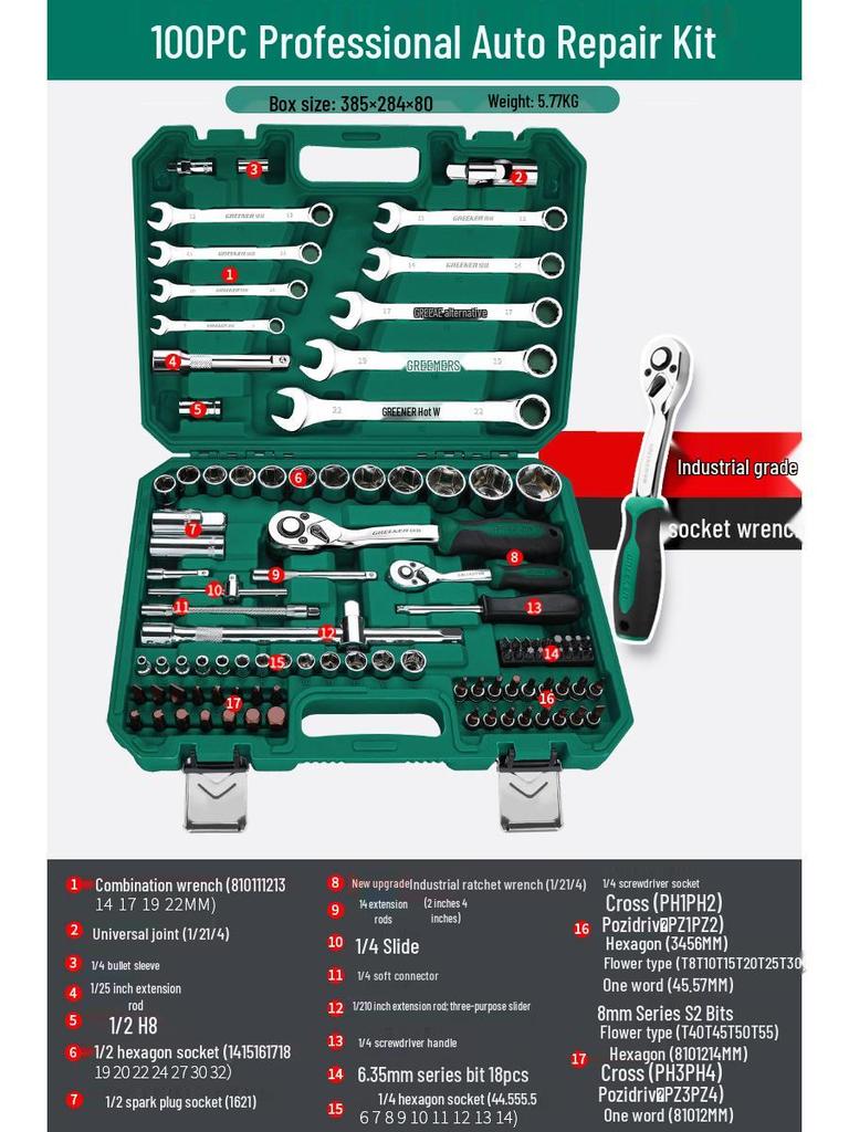 Green Forest Auto Repair Tool Set: Socket Wrench, Ratchet, Combination Tool Box.