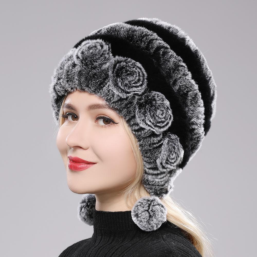 Winter Hats for Girls Women's Fur Hat Real Rex Rabbit Cap Floral Knitted Hat with Balls Skulls Beanies 55-59cm