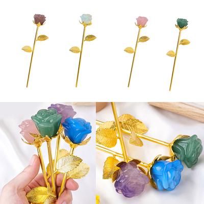 Elegant Carved Natural Stone Rose Flower Gold Base Rose Handmade Ornament Unique Jewelry Accessory for Any Occasion
