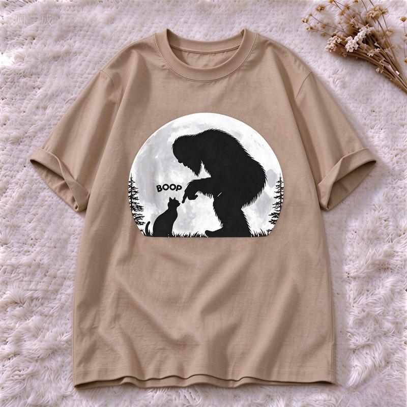 Moon Silhouette Bigfoot Cat Graphic Tee Casual Short Sleeve O Neck Top Funny Boop Letter Print Street Style Unisex T Shirt Top