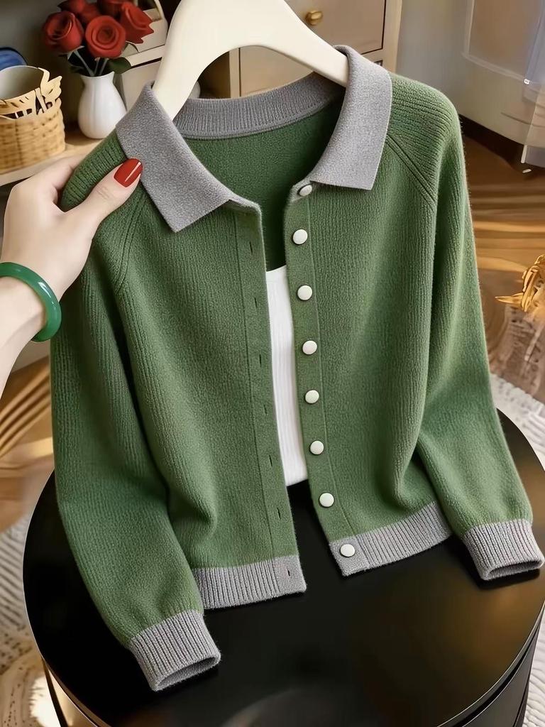 Zuose Women's Colorblock Polo Neck Knit Cardigan
