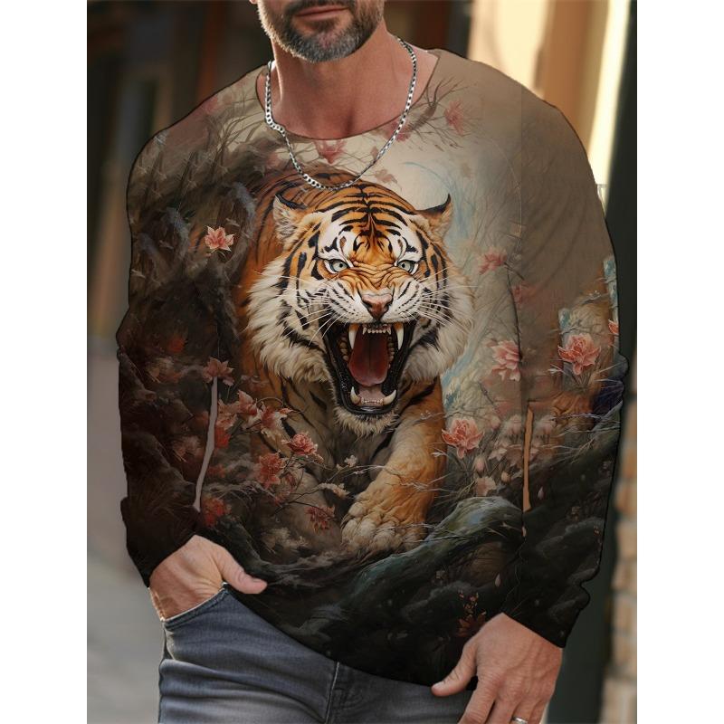 Tiger Print Pullover Autumn Men's Casual Long Sleeve T-shirt Top Round Neck Sweatshirt Streetwear Harajuku Men's Wear